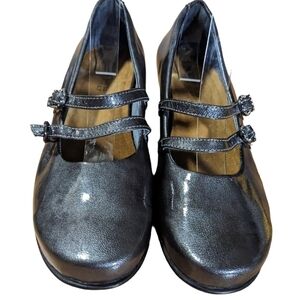 Naot Patten Leather Mary Jane shoes with rhinestones buckle gun metal grey